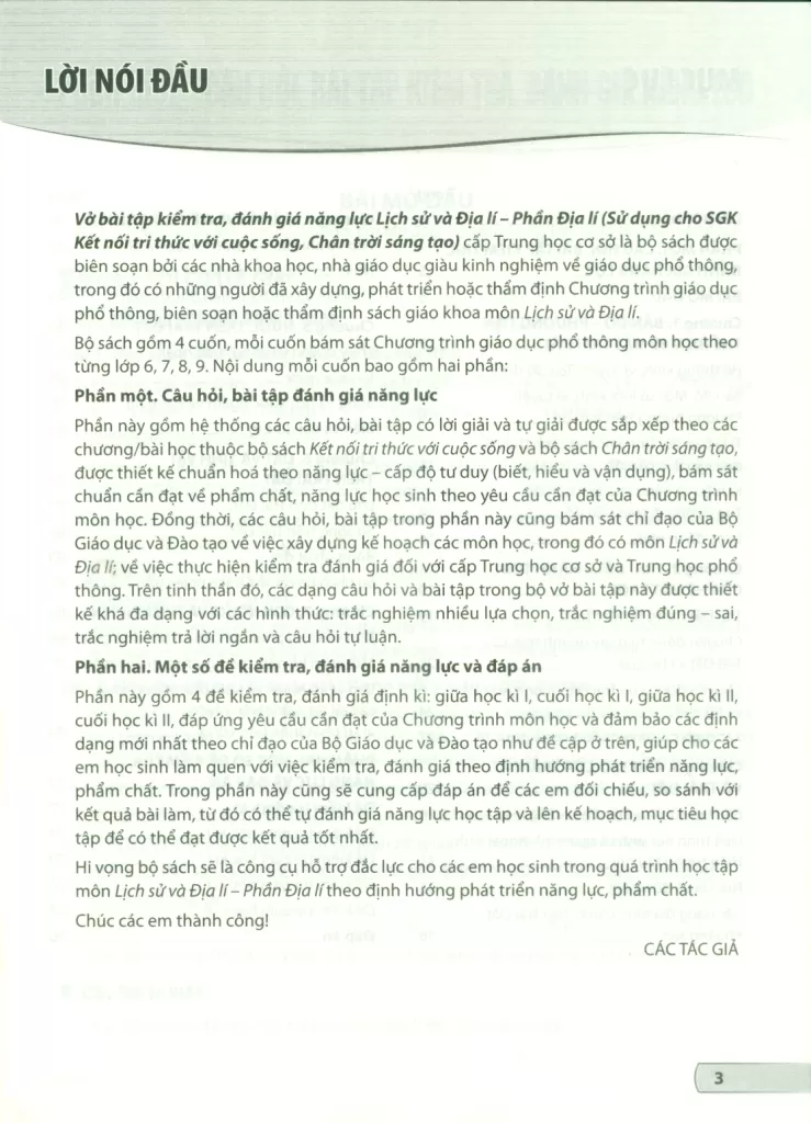 VỞ BÀI TẬP KIỂM TRA, ĐÁNH GIÁ NĂNG LỰC LỊCH SỬ VÀ ĐỊA LÍ LỚP 6 - PHẦN ĐỊA LÍ (Sử dụng cho SGK Kết nối tri thức, Chân trời sáng tạo)